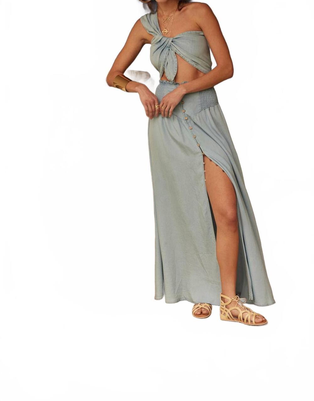NEW PROMESA smocked denim maxi skirt set in blue